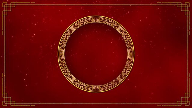 Motion graphic of Golden circle frame with chinese new year and year of the Rabbit 2023 on dark red background and glitter particle in a happy new year concept abstract background seamless loop video
