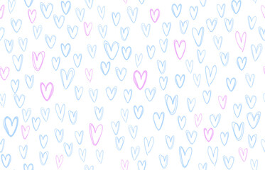 Vector blue and pink hand-drawn hearts seamless pattern. Valentine's day border