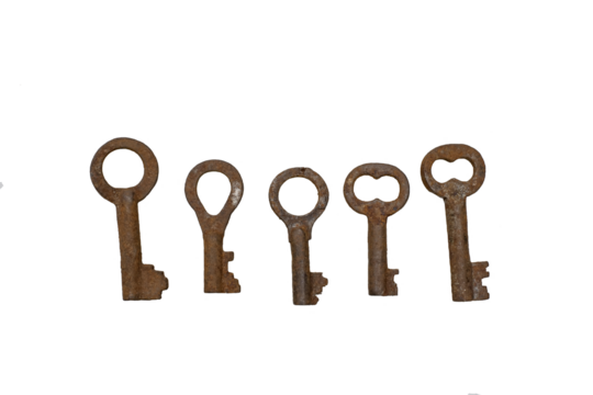 Old rusty vintage keys  Isolate on white