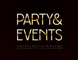 Vector chic banner Party and Events Elegant metallic Font. Gold Slim Alphabet Letters and Numbers set