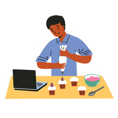 Man watching video recipe, boy cooking while watching tutorial on laptop, decorating cupcakes icon, bakery utensils, vector illustration of piping bag doodle, isolated colored clipart on white backgro