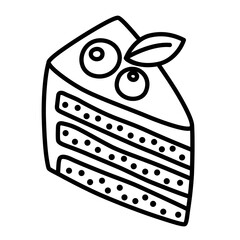 Piece of cake icon, vector doodle illustration of bakery goods, confectionery with berries decoration, isolated outline clipart on white background