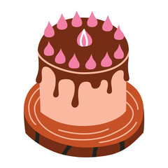 Homemade cake with icing icon, vector doodle illustration of chocolate cake on wooden stand, delicious bakery food, isolated colored clipart on white background