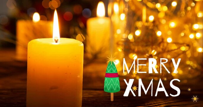 Animation of christmas greetings text with christmas decorations and candles