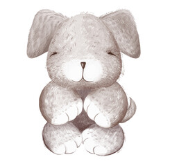 Cute plush fluffy baby dog or puppy in full growth of beige color. Cartoon child character. Digital illustration in the watercolor style. Greeting card.