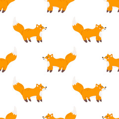 Cute fox. Vector seamless pattern on white background