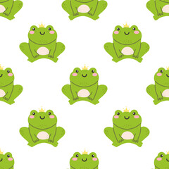 Cute frog with crown. Vector seamless pattern on white background