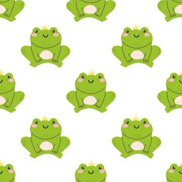 Cute frog with crown. Vector seamless pattern on white background