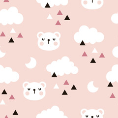 scandinavian style pink sky seamless pattern with kawaii face polar bear and clouds, moon and triangles. Kids fabric and textile vector design.