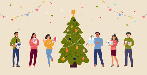 Happy young full body women and men with  gifts boxes next to the Christmas tree. Party people under confetti. Flat style cartoon vector illustration.