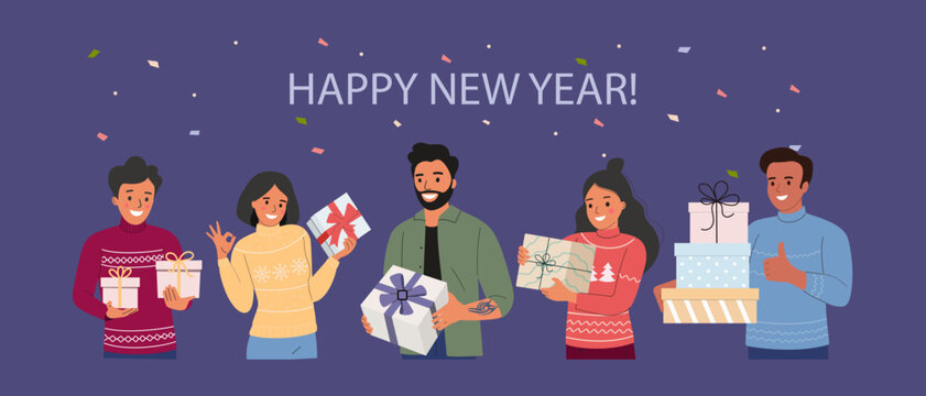 Happy young women and men holding  gifts boxes with ribbon.  Happy new year. Flat style cartoon vector illustration.