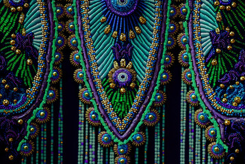 Beadwork close up of beads, embellished and beaded textile pattern, sequins, bugle beads, tambour beaded textures, beautiful craft in green, teal, purple, illustration, digital, needle, craft, 