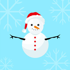 Snowman in the background of snowfall. Winter concept in flat style. Snowman Vector illustration
