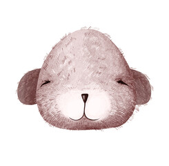 Portrait or muzzle of a cute plush fluffy baby bear or teddy bear of brown color. Cartoon child character head. Digital illustration in the watercolor style. Greeting card.
