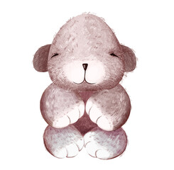 Cute plush fluffy baby bear or teddy bear in full growth of brown color. Cartoon child character. Digital illustration in the watercolor style. Greeting card.