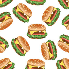 Delicious burger with beef, lettuce, tomatoes, cheese, sauce, seamless pattern.Vector pattern for restaurant menus, labels, fast food designs.
