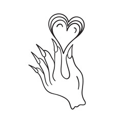 Isolated vector illustration of hand with long nails holding heart. Cute thin line icon for design, cover etc.