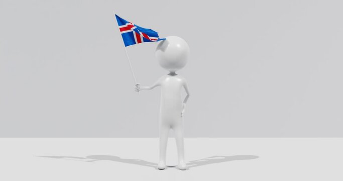 Flag of Iceland. 3D Character holding and waving flag 4K UHD 60FPS