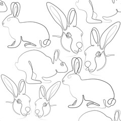 Obraz premium Line art hare. Bunny outline seamless pattern. Easter wrapping, Christmas greeting, invitations, postcards and other projects. Cute bunny pattern.