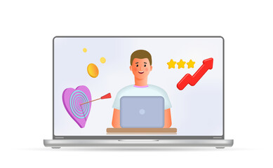 A young man is working on a laptop computer. Creative business ideas,
 economic task planning, business development strategy.
3d vector illustration. Cartoon style.