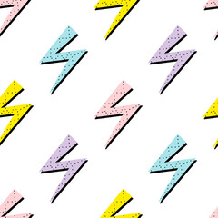 Hand drawn cute flash. Colorful seamless pattern with a shimmering cartoon zipper. Vector illustration in retro style. Abstract doodle of thunder.
