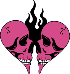Halves of a heart with skulls in emo style hand drawn