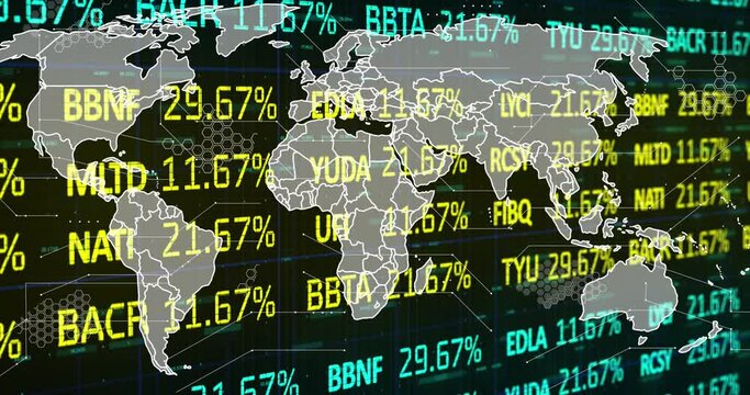 Animation of stock market and data processing with world map on black background