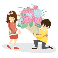 illustration of man giving a big bouquet to his girlfriend. Vector characters couple in love with big bunch of flowers.