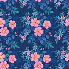 Oldrose color flowers on blue color background seamless pattern. This pattern can be used for fabric textile wallpaper.