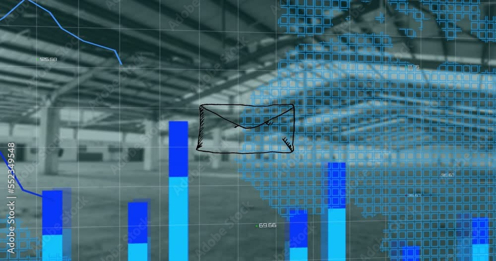 Poster animation of message icon and statistical data processing over world map against empty warehouse