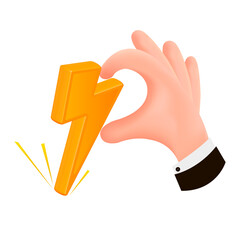 Lightning. A cartoon hand holds a lightning arrow.
Vector image, 3d. Icon.