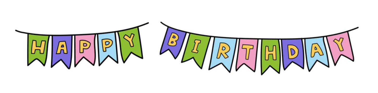 recommend clip art: Happy Birthday bunting banner doodle vector illustration isolated. Happy birthday flag garland festoon, holiday celebration anniversary decoration, children jubilee party, boy or girl birthday.