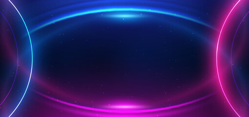 Abstract technology futuristic neon circle glowing blue and pink  light lines with speed motion blur effect on dark blue background.