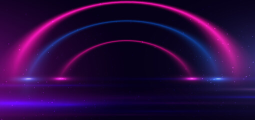 Abstract digital technology futuristic neon lines curved shape glowing blue and pink with lighting effect on dark blue background.