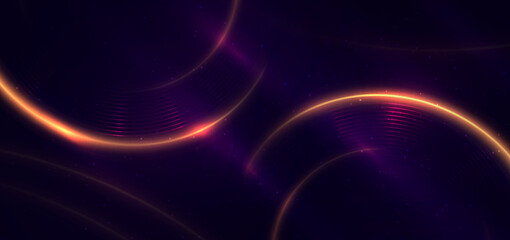 Abstract glowing gold curved lines on dark blue background with lighting effect and sparkle with copy space for text. Luxury design style.