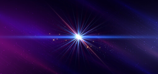 Naklejka premium Abstract technology futuristic neon diagonal glowing blue and pink light lines with speed motion blur effect on dark blue background.