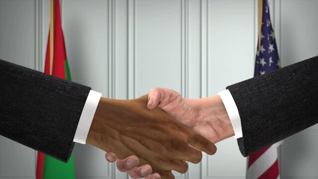 Burkina Faso and USA Partnership Business Deal. National Government Flags. Official Diplomacy Handshake Illustration Animation. Agreement Businessman Shake Hands