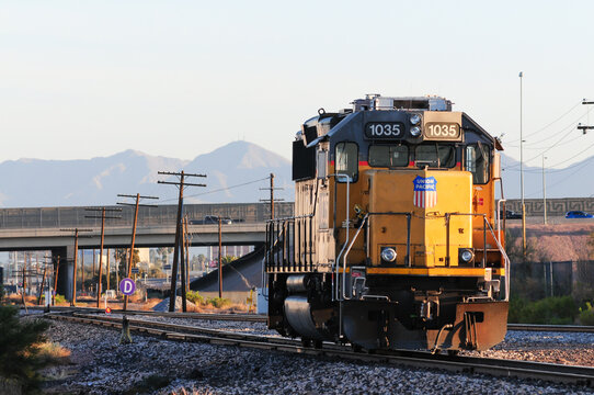 Union Pacific locomotive engine number 1035; freight train engine parked on railroad tracks in Gilbert, Arizona