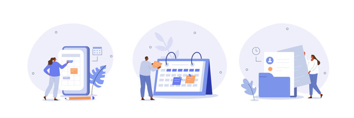 
Schedule management illustration set. Characters planning and organizing work tasks, making calendar appointments and to do list. Business and organization concept. Vector illustration.
