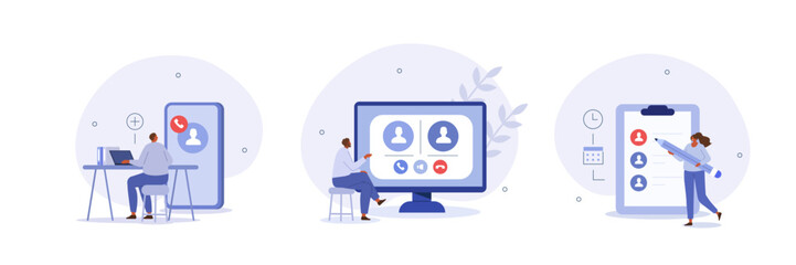 
Meeting planning illustration set. Manager inviting employees to team meeting and one on one interview, developing agenda and organizing productive conversation. Business concept. Vector illustration