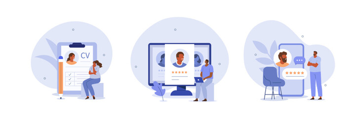 Hiring illustration set. Hr manager searching potential job candidates. Characters writing CV and applying for work position. Job recruitment process concept. Vector illustration.