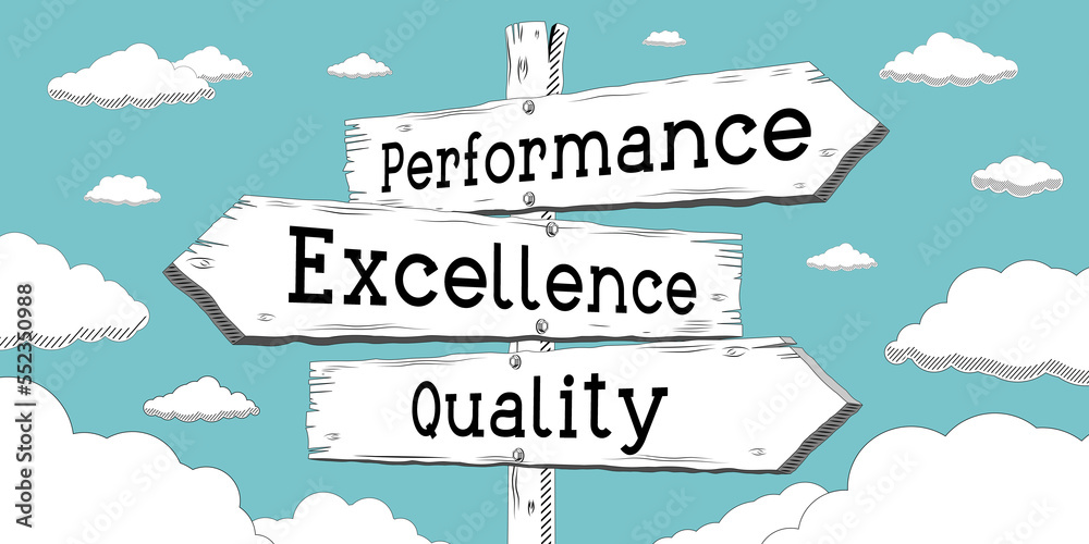 Sticker performance, excellence, quality - outline signpost with three arrows