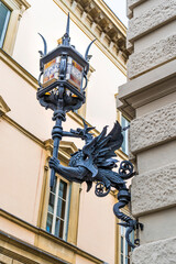 Fototapeta na wymiar Wrought iron lantern sculpted by Florentine blacksmith known as 