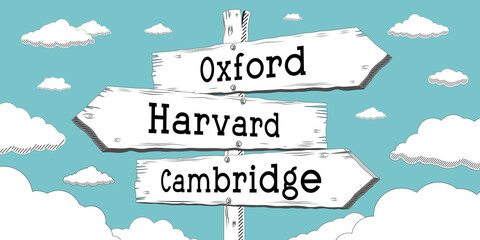 Oxford, Harvard, Cambridge - outline signpost with three arrows