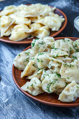 Traditional russian pelmeni or ravioli, dumplings with meat on wood black background. Russian food and russian kitchen concept.