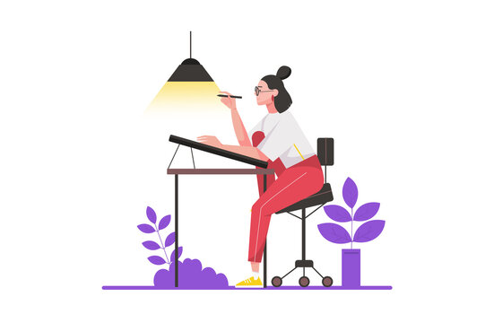 Creative worker concept in flat design. Woman works as artist and draws on graphics tablet in art studio, performs artwork in studio. Illustration with isolated people scene for web banner