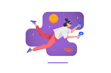 Cyberspace concept in flat design. Woman in virtual reality headset and sensors gaming in space simulation. Augmented reality technology. Illustration with isolated people scene for web banner