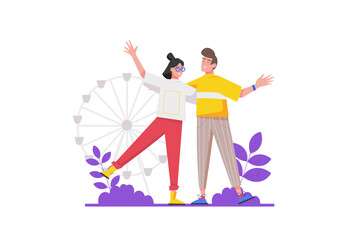 Happy people standing together concept in flat design. Friendly man and woman hugging and waving hands. Friendship and communication. Illustration with isolated people scene for web banner