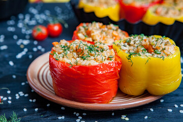 Stuffed pepper. Stewed pepper  with rice and minced meat. Baked peppers in a cast iron pan on a black background. Healthy Romanian food.