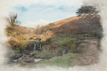 Digital watercolor painting of Three Shires Head in the Peak District national Park, England, UK.